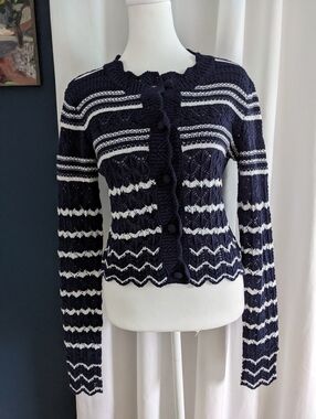 House of Harlow 1960 Navy White Striped Women's Crochet Classic Sweater XSmall